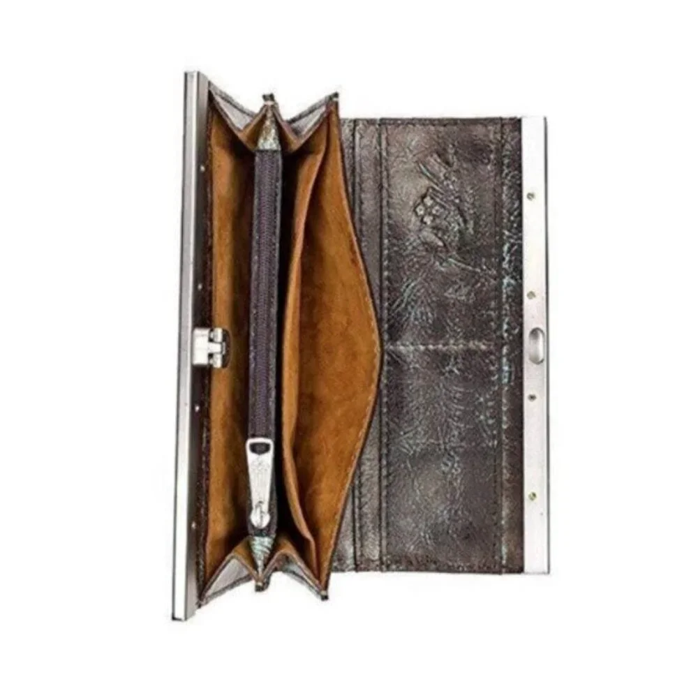 Patricia Nash Wallet Leather Framed Turquoise Cauchy Tooled In Gift Box